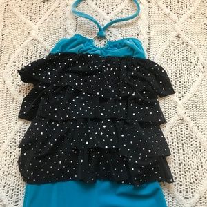 girls dance jumpsuit costume with flared detail and halter neck